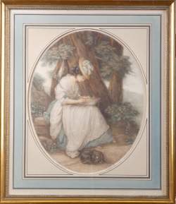 Estampe: Eau-forte polychrome -Dame au chien- KAUFFMAN Angelica