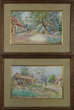 Tableau: paire d'aquarelles -Ferme animée- et -Rue de village animée- signée ALL Tableau: paire d'aquarelles -Ferme animée- et -Rue de village animée- signée ALL