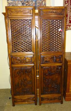 Asiatique 2 panneaux Chinois en bois sculpté ajouré (180x47cm)X2 19èS