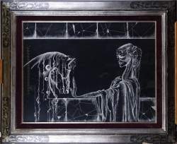 Tableau dessin papier gratté -Femme et cheval- 81 signé DE GRAEF David (20eS) 50