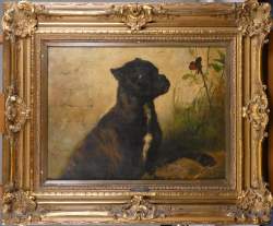 Tableau HST (1 trace frottement/usure) - Le chien au papillon - signé STEVENS Jospeh Edouard