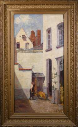 Tableau HSB (Chêne) - cour de ferme animée - 1907 signé TONDREAU Paul