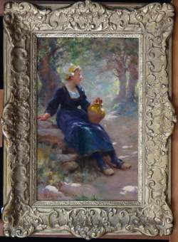 Tableau HSP -La Bretonne et son pot- daté 1908 signé DEYROLLE Théophile Louis