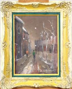 Tableau HSP -Ruelle animée en hiver- signé YSEBAERT V. 24x18,5cm cadre de style