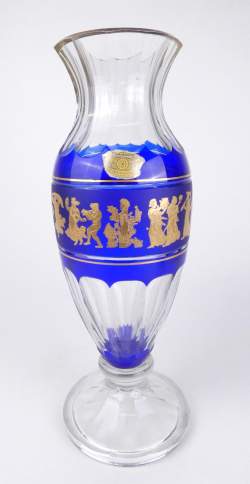 Verrerie : Vase en cristal taillé Val Saint Lambert décor Danse de Flore rehauts d'or et bleu cobalt