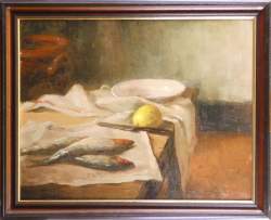 Tableau HST - Nature morte aux poissons - signé REGNART Victor