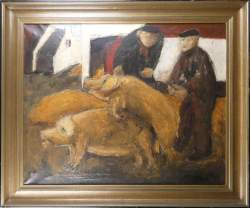 Tableau HST -Les éleveurs de cochons- signé VAN RINTEL Théo