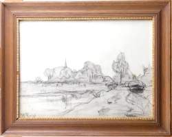 Tableau dessin fusain -Paysage- signé ROELOFS Willem
