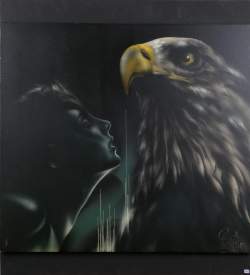 Tableau aerographe sur bois (pt usures) -L'immortel maître des lieux- daté 2013