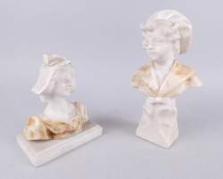 Sculpture : 2 bustes en albâtre (pt ecl) - jeune homme et jeune fille - dont 1 signé FEBO Trafeli