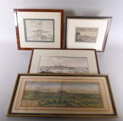 Estampe : Eaux-fortes cartes et panoramas anciens de la ville de Mons (4pcs) avec cadre s - v