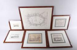 Estampe : Eaux-fortes Panorama et cartes anciennes de la ville de Mons (6pcs) tous avec cadre sous verre