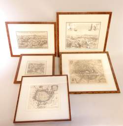 Estampe : Eaux-fortes bataille et cartes anciennes de la ville de Mons (5pcs) tous avec cadre sous verre