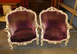 Meuble : Paire de fauteuils de style Rococo en bois sculpté et tissu velours (leg usure d'usage)