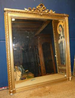 Meuble : Miroir de cheminée doré fronton noeud (acc) glace biseautée