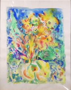 Tableau : technique mixte aquarelle/crayon - composition florale - daté et signé HECQ Emile
