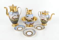 Céramique : Partie de service cabaret en porcelaine 1ere moitie 19eS décor peint d'animaux cafetière (fretel rest , pt ecl)