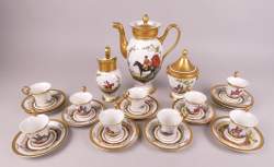 Céramique : Service à café cabaret en porcelaine milieu 19eS décor peint de cavalier (12pcs) : cafetière (pt ecl couvercle)