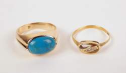Bijou : Bague en or russe 583 sertie d'une turquoise + bague en or 14K sertie d'un diamant