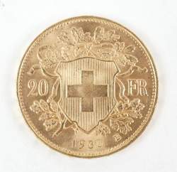Collection: pièce de monnaie en or 20 Francs Suisses Helvetia 1930 Diam 21mm Poi