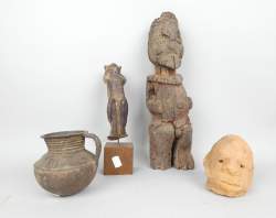 Africain: (4pcs) Statuette Keaka H:40cm + Pot en bronze Ashanti + tête Sokoto +