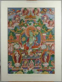 Asiatique : peinture s/ tissu tangka tibétain 19eS Asiatique : peinture s/ tissu tangka tibétain 19eS