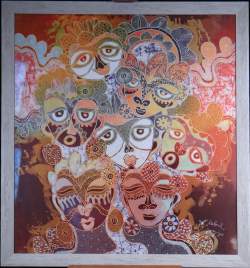 Asiatique: Peinture indonésienne sur soie batik -Visages- signé KABUL WH. (20e/2